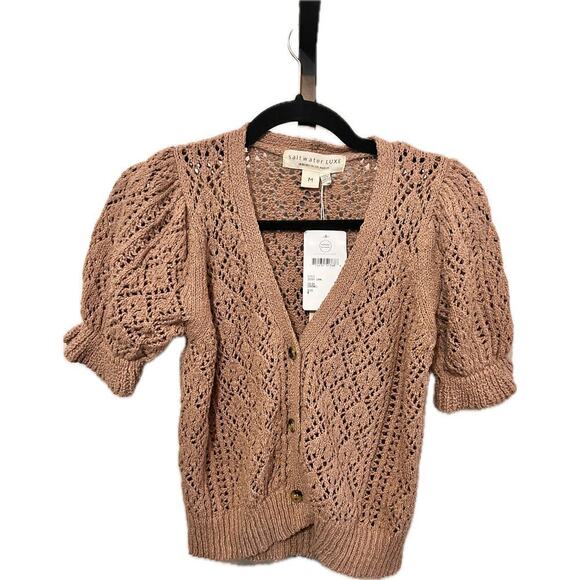 NWT Saltwater Luxe Azalea Sweater Cardigan Ruffle Trim Brown Womens Medium - Picture 2 of 9